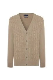 Hemington - Merino Yün İpek Karışım Örgü Desenli Camel Düğmeli Hırka