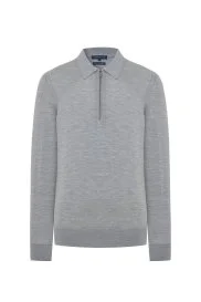 Hemington - Merino Yün İpek Karışım Polo Yaka Yarım Fermuarlı Açık Gri Triko