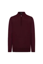 Hemington - Merino Yün İpek Karışım Polo Yaka Yarım Fermuarlı Bordo Triko