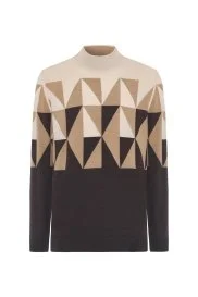 Hemington - Merino Yün Yarım Balıkçı Yaka Desenli Kahverengi Triko