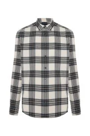 Hemington - Pamuk Kaşmir Karışım Ekose Desen Beyaz-Lacivert Gömlek