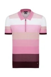 Hemington - Pembe Çizgili Fermuarlı Yaka Merserize Pamuk Triko Polo