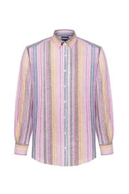 Pembe Çizgili Saf Keten Gömlek