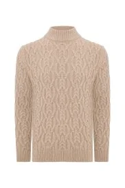 Hemington - Saf Kaşmir Lupetto Yaka Saç Örgü Desenli Camel Kazak