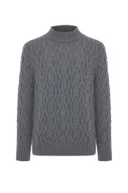 Hemington - Saf Kaşmir Lupetto Yaka Saç Örgü Desenli Koyu Gri Kazak