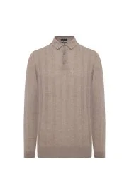 Hemington - Saf Kaşmir Polo Yaka Şerit Desenli Tütün Rengi Triko