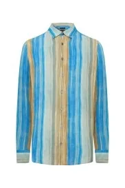 Hemington - Mavi-Camel Çizgili Saf Keten Gömlek Hemington - Mavi-Camel Çizgili Saf Keten Gömlek