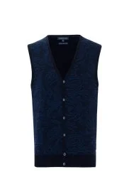 Hemington - Şal Desen Lacivert Merino Yün Triko Yelek