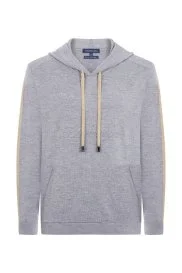 Hemington - Şerit Detaylı Logolu Kapüşonlu Gri Triko Hoody