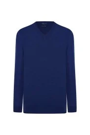 Ultrafine Merino Yünü V Yaka Mavi Triko