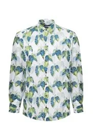 Hemington - Yaprak Desen Saf Pamuk Yeşil Beyaz Spor Gömlek