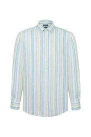 Hemington - Yeşil Çizgili Saf Keten Gömlek