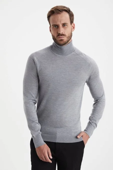 Boğazlı Slim Fit Açık Gri Merino Yün Triko