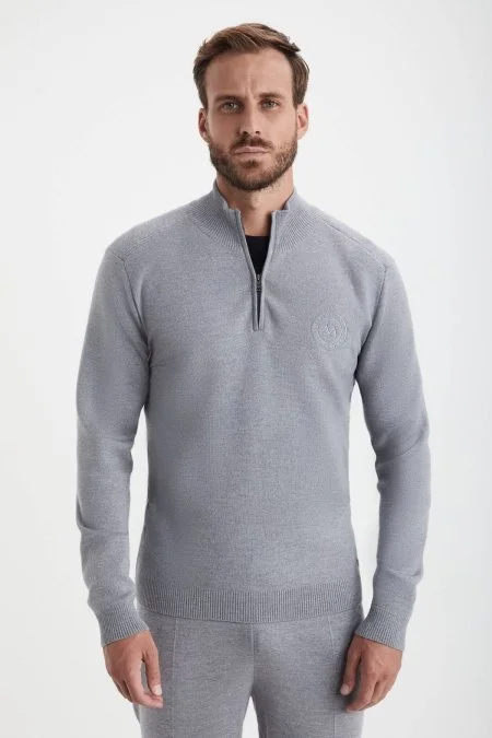 Açık Gri Fermuarlı Merino Yün Activewear Triko