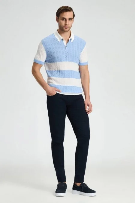 Açık Mavi Düğmeli Yaka Saç Örgü Merserize Pamuk Triko Polo