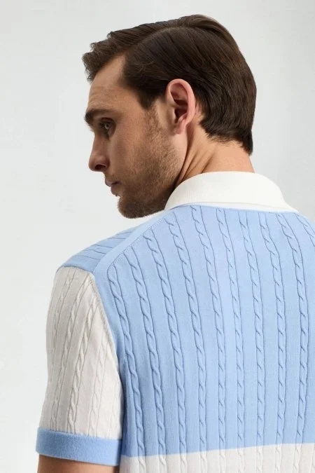 Açık Mavi Düğmeli Yaka Saç Örgü Merserize Pamuk Triko Polo