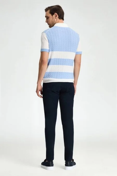 Açık Mavi Düğmeli Yaka Saç Örgü Merserize Pamuk Triko Polo