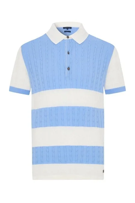 Açık Mavi Düğmeli Yaka Saç Örgü Merserize Pamuk Triko Polo