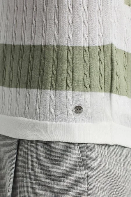 Açık Yeşil Düğmeli Yaka Saç Örgü Merserize Pamuk Triko Polo