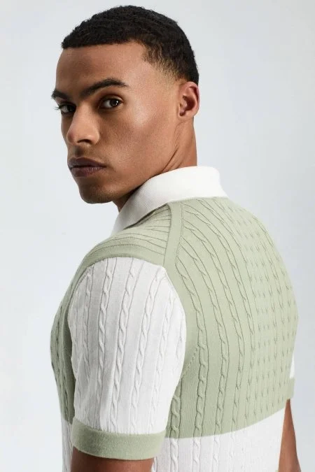 Açık Yeşil Düğmeli Yaka Saç Örgü Merserize Pamuk Triko Polo