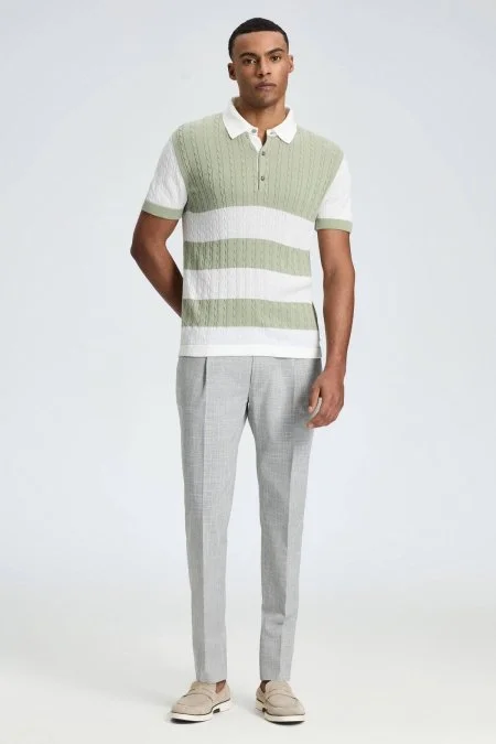 Açık Yeşil Düğmeli Yaka Saç Örgü Merserize Pamuk Triko Polo