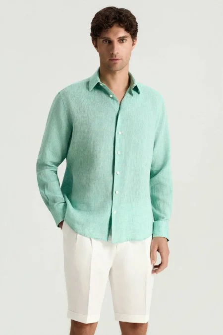 Açık Yeşil Saf Keten Spor Gömlek