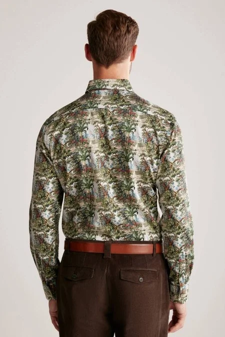 Ağaç Desen Gizli Düğme Yeşil Pamuk Gömlek