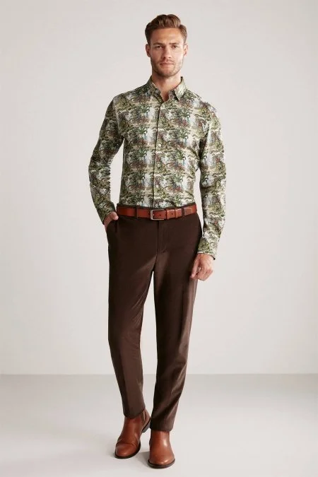 Ağaç Desen Gizli Düğme Yeşil Pamuk Gömlek