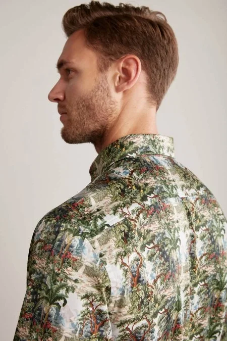 Ağaç Desen Gizli Düğme Yeşil Pamuk Gömlek