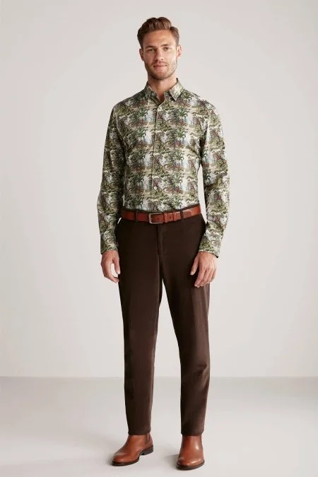 Ağaç Desen Gizli Düğme Yeşil Pamuk Gömlek