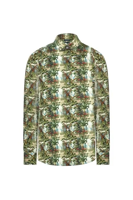Ağaç Desen Gizli Düğme Yeşil Pamuk Gömlek