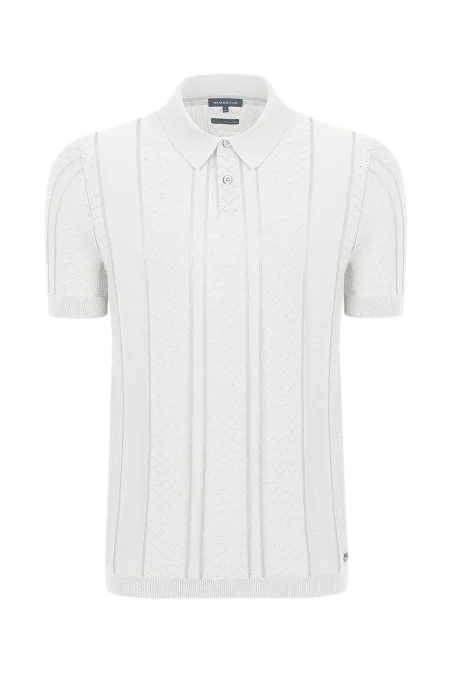 Ajur Örgü Detaylı Beyaz Triko Polo