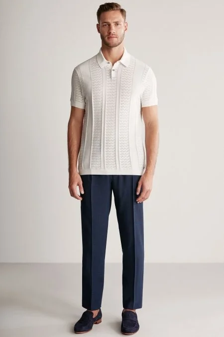 Ajur Örgü Detaylı Beyaz Triko Polo