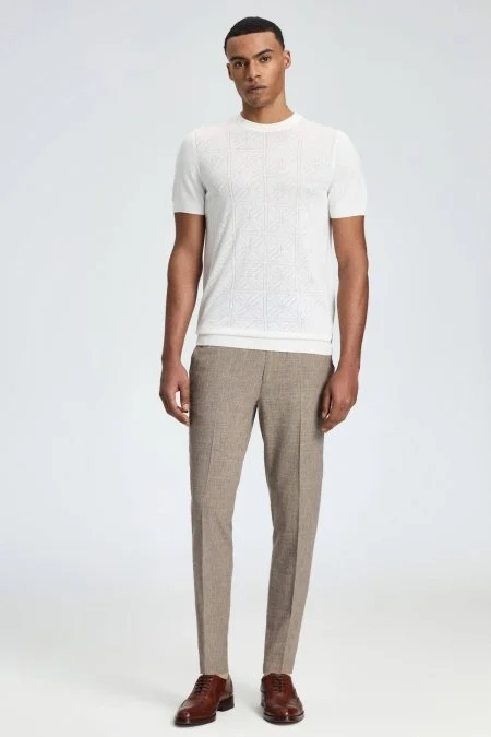 Ajur Örgü Detaylı Bisiklet Yaka Beyaz Triko T-Shirt