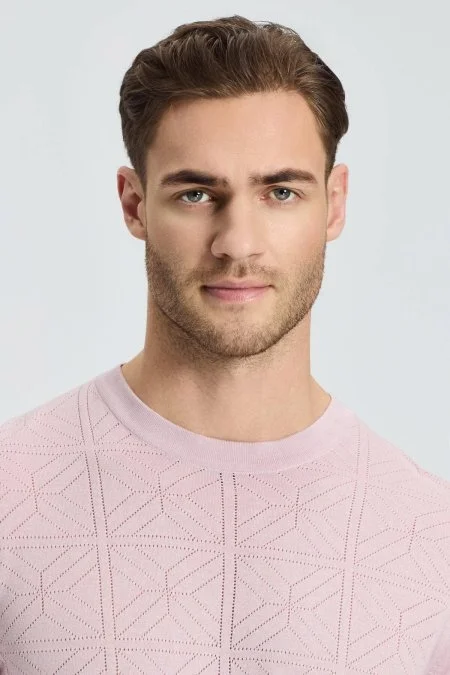 Ajur Örgü Detaylı Bisiklet Yaka Gül Kurusu Triko T-Shirt