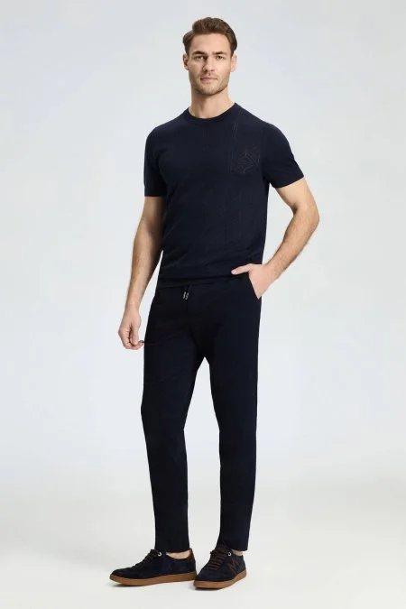 Ajur Örgü Detaylı Bisiklet Yaka Lacivert T-Shirt