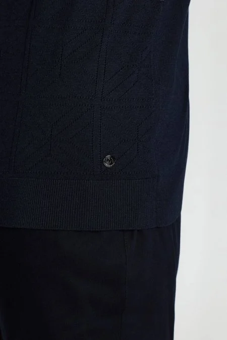 Ajur Örgü Detaylı Bisiklet Yaka Lacivert T-Shirt