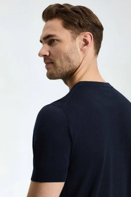 Ajur Örgü Detaylı Bisiklet Yaka Lacivert T-Shirt