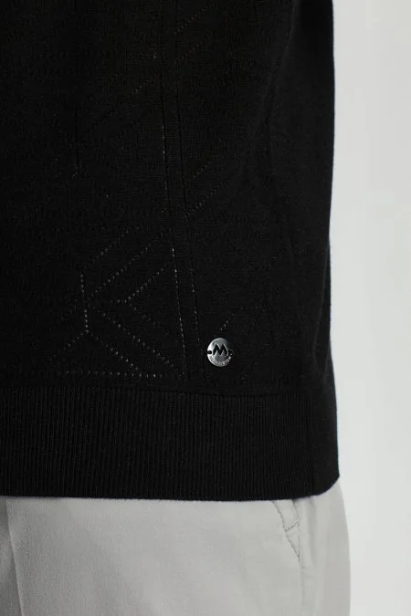 Ajur Örgü Detaylı Bisiklet Yaka Siyah Triko T-Shirt