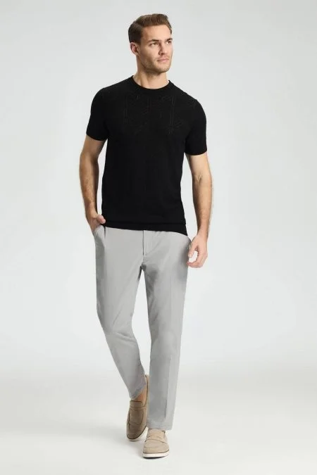 Ajur Örgü Detaylı Bisiklet Yaka Siyah Triko T-Shirt