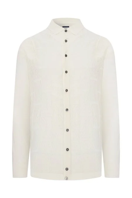 Ajur Örgü Detaylı İpek Karışım Beyaz Triko Gömlek