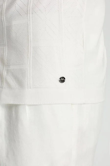 Ajur Örgü Detaylı İpek Karışım Beyaz Triko Gömlek