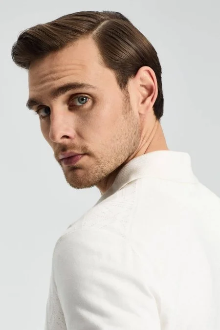 Ajur Örgü Detaylı İpek Karışım Beyaz Triko Gömlek