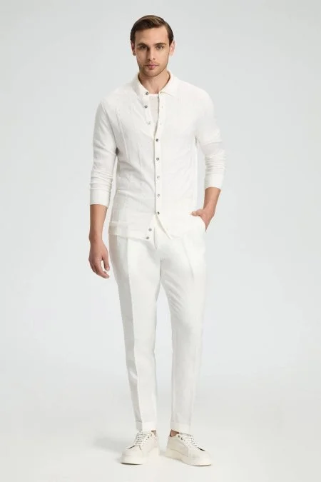 Ajur Örgü Detaylı İpek Karışım Beyaz Triko Gömlek