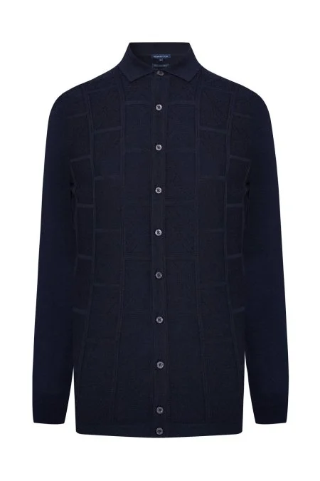 Ajur Örgü Detaylı İpek Karışım Lacivert Triko Gömlek