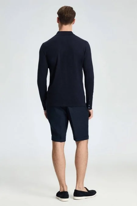 Ajur Örgü Detaylı İpek Karışım Lacivert Triko Gömlek