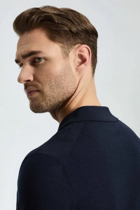 Ajur Örgü Detaylı İpek Karışım Lacivert Triko Gömlek