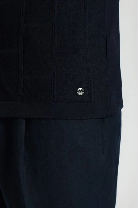 Ajur Örgü Detaylı İpek Karışım Lacivert Triko Gömlek