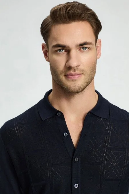 Ajur Örgü Detaylı İpek Karışım Lacivert Triko Gömlek