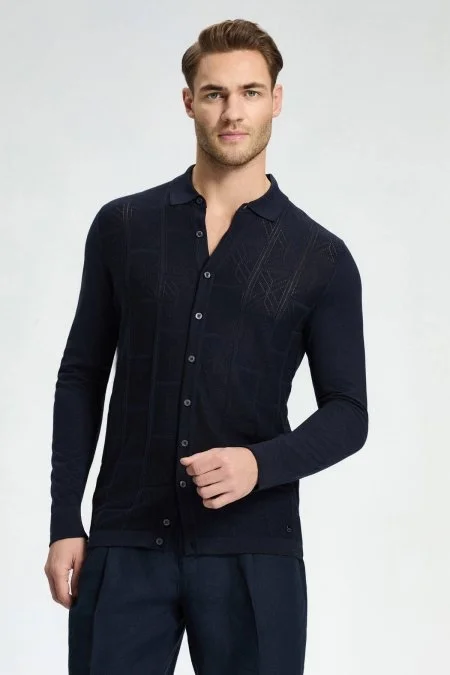 Ajur Örgü Detaylı İpek Karışım Lacivert Triko Gömlek